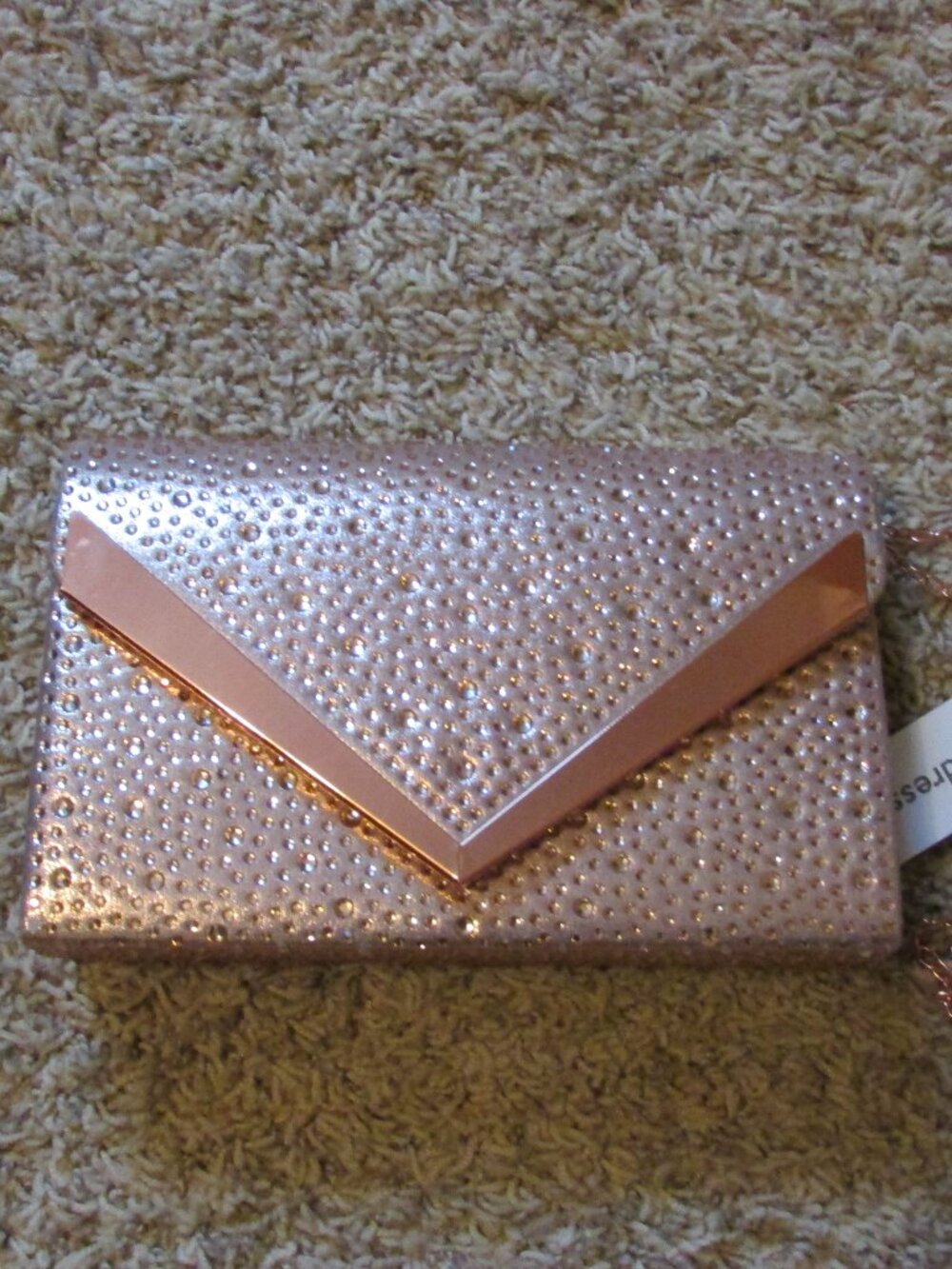 NWT Dressbarn Rose Gold Rhinestone Clutch Evening Bag with Chain Shimmers